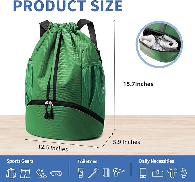 JELUTAR Drawstring Backpack Gym Bag with Shoes Compartment for Soccer, Basketball, Swim, Water-Resistant String Backpack Beach Cinch for Women Men, Dark Green, Medium