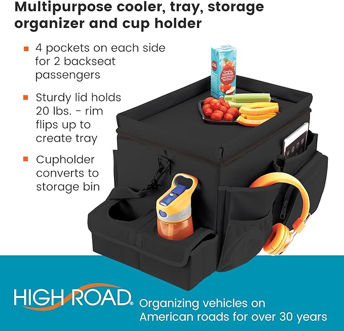 High Road CarHop Front Seat Car Organizer with Car Cup Holder, Passenger Seat Tray and Padded Filing or Cooler Compartment with Side Pocket Storage
