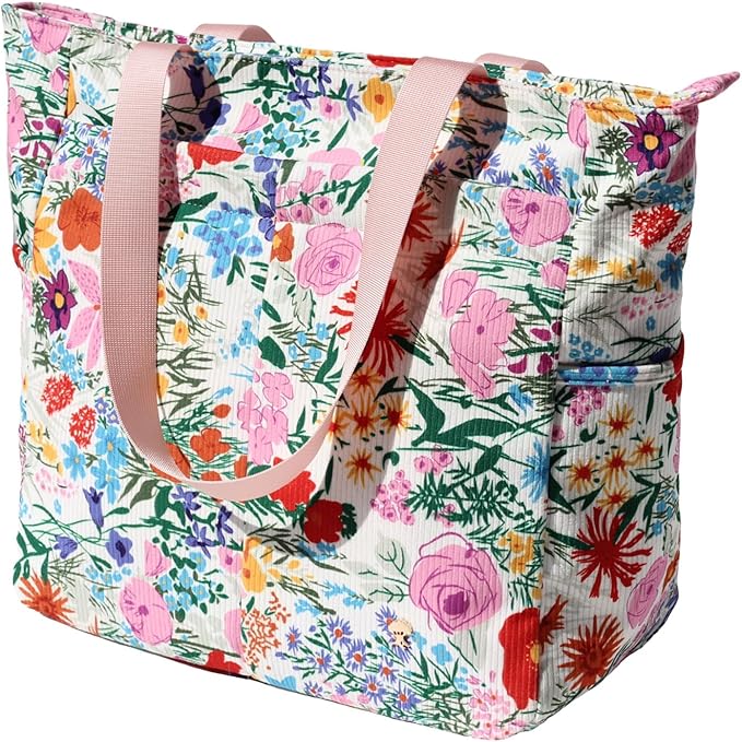 ESVAN Original Floral Tote Bag Large Shoulder Bag with Multi Pockets for Gym Travel Beach Daily Bags