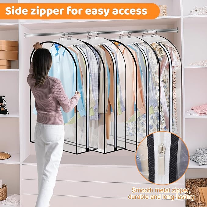 4 Pack Full Clear Garment Bags with Side Zipper, 40" Clothes Covers with 10" Gusset, Transparent Hanging Suit & Coat Covers for Closet Storage, Jackets, Dresses, Windbreakers