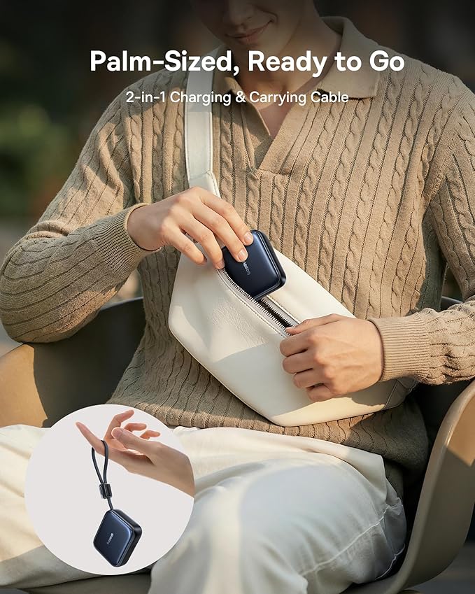Baseus PicoGo 10000mAh 45W PD Portable Charger, Ultra-Small Battery Bank with Built-in USB-C Cable, Fast Charging for iPhone 17/16/15 Series, Samsung S25/S24, Pixel 10 and iPad Devices
