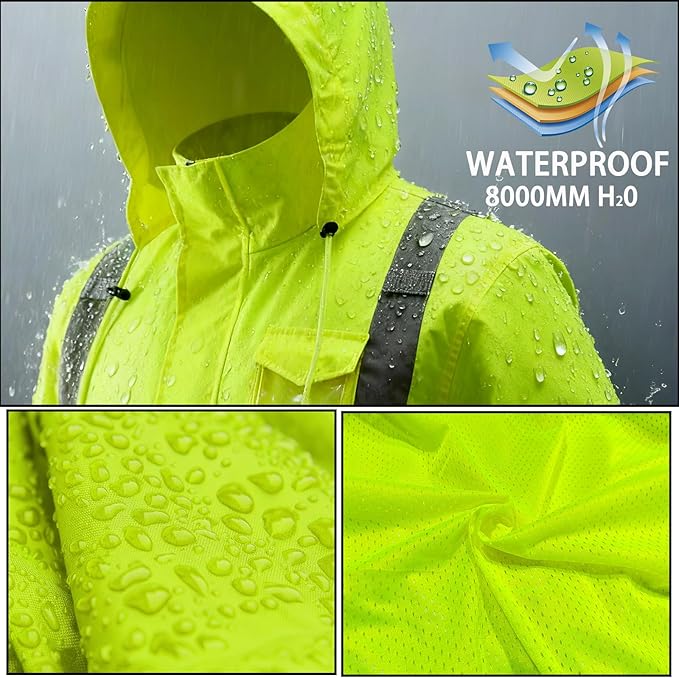 Hi Vis Class 3 Safety Rain Jacket for Men Waterproof, Reflective High Visibility Rain Gear Construction Rain Suit (Yellow 4XL/5XL)