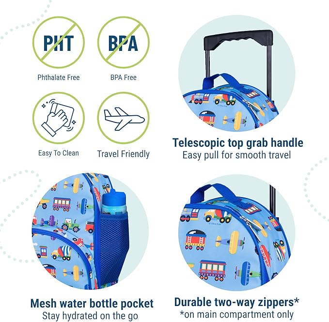 Wildkin Kids Rolling Luggage – Carry-On Size for School & Overnight Travel