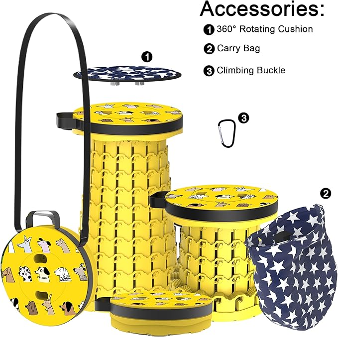 ALEVMOOM Upgraded Telescoping Collapsible Stool with Cushion, Folding Stool with Printing Portable Retractable Foldable Seat Max Load 550lbs for Adults Camping Fishing Outdoor