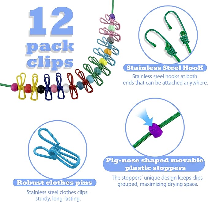Portable Travel Clothesline,Adjustable Elastic Stretch Line with 12pcs Clothes Clips,for RV Outdoor and Indoor Camping Accessories (Green)