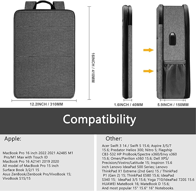 ZINZ Slim & Expandable Laptop Backpack 15 15.6 16 Inch Case, Water Resistant Travel Backpack Compatible with MacBook Pro/Neo 16" 15", Dell XPS 15 16 and Most 15" 15.6" 16" Notebooks，G01BK02