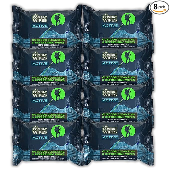 Combat Wipes ACTIVE Outdoor Wet Wipes - Extra Thick Camping Gear, Biodegradable, Body & Hand Cleansing/Refreshing Cloths for Backpacking & Gym w/Natural Aloe & Vitamin E (8 pack, 200 Wipes)…