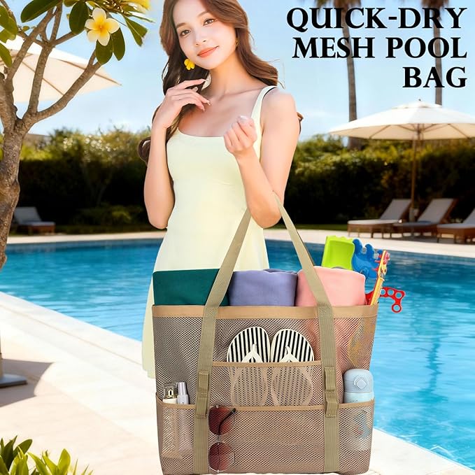 Fammart Mesh Beach Bag, Large Beach Tote with Zipper Pocket, Toys Pool Bag for Family Travel Vacation Cruise Essentials