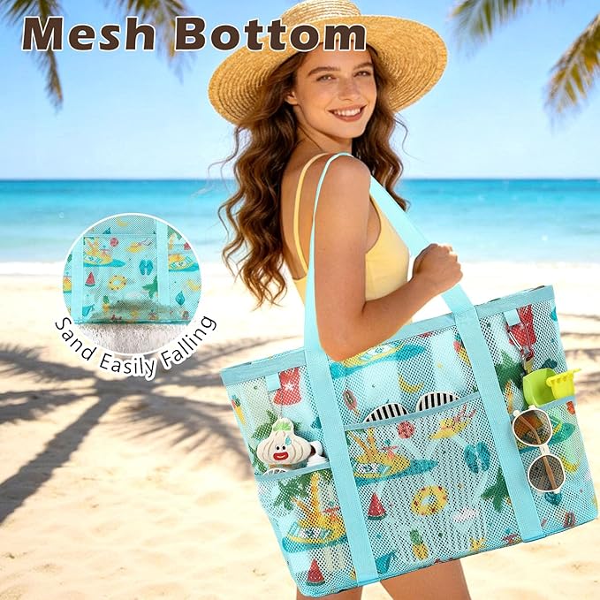 Fammart Mesh Beach Bag with Zipper, Large Beach Tote for Women, Toys Pool Swim Bag Travel Vacation Cruise Essentials
