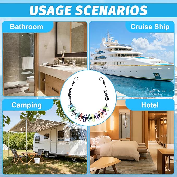 Travel Clothesline for Cruise Retractable Clothesline with 12 Clothesline Clips 2 Strong Magnets Hooks 4 Luggage Tags Camping Portable Clothesline for Hotel Room RV Indoor Cruise Ship Essentials 2026