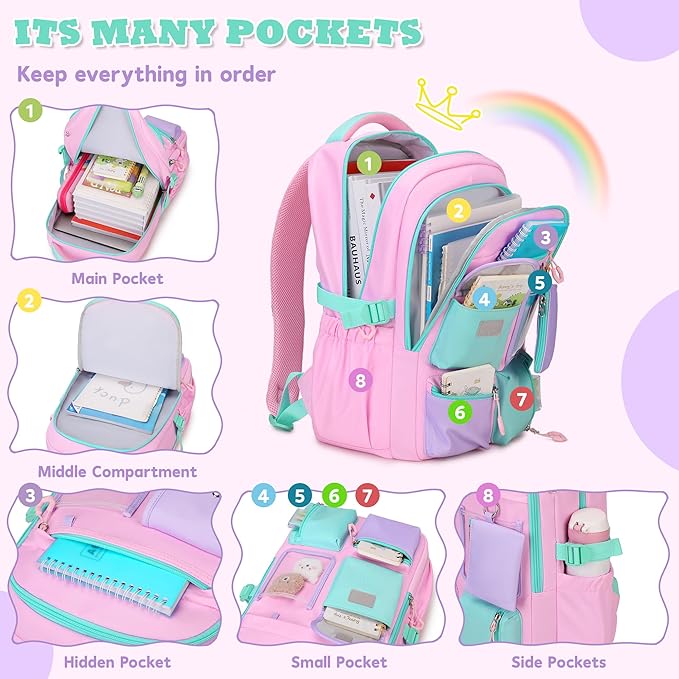 Kids Backpack, Backpack for Girls for Elementary School Multiple Pockets Ages 6-10(Pink)