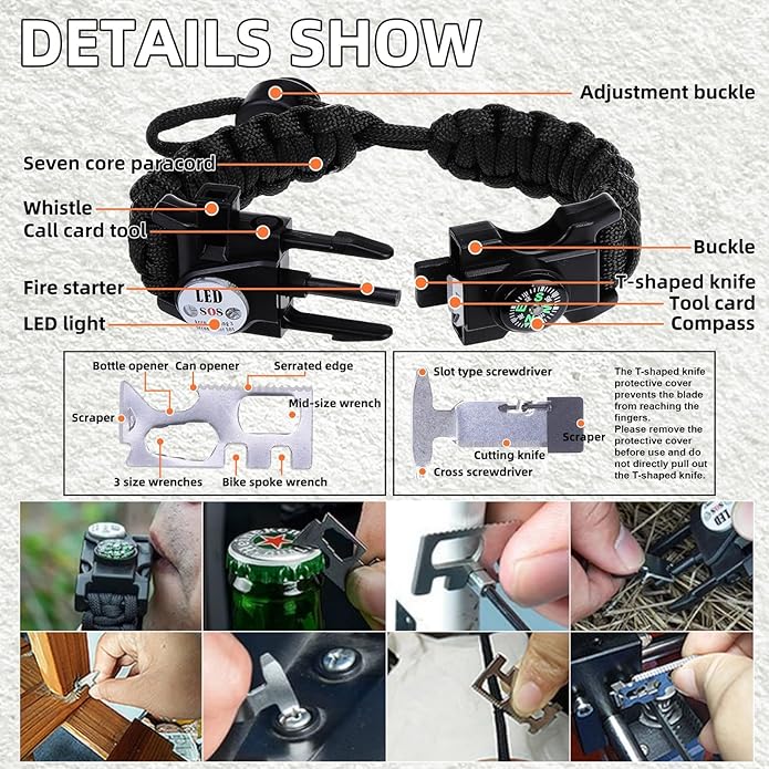 Survival Bracelets, Paracord Bracelets (2 pcs) with Loud Whistle Light Flint, Adjustable Compass Bracelet for Outdoor Camping Hiking Fishing Hunting, Multitools Tactical Gear, Bearable 300 lb