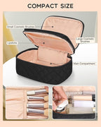 Relavel Small Makeup Bag, Travel Cosmetic Bag with Makeup Brush Compartment, Cute Make Up Pouch for Women, Double Layer Toiletry Organizer for Short Trip, Office - Black