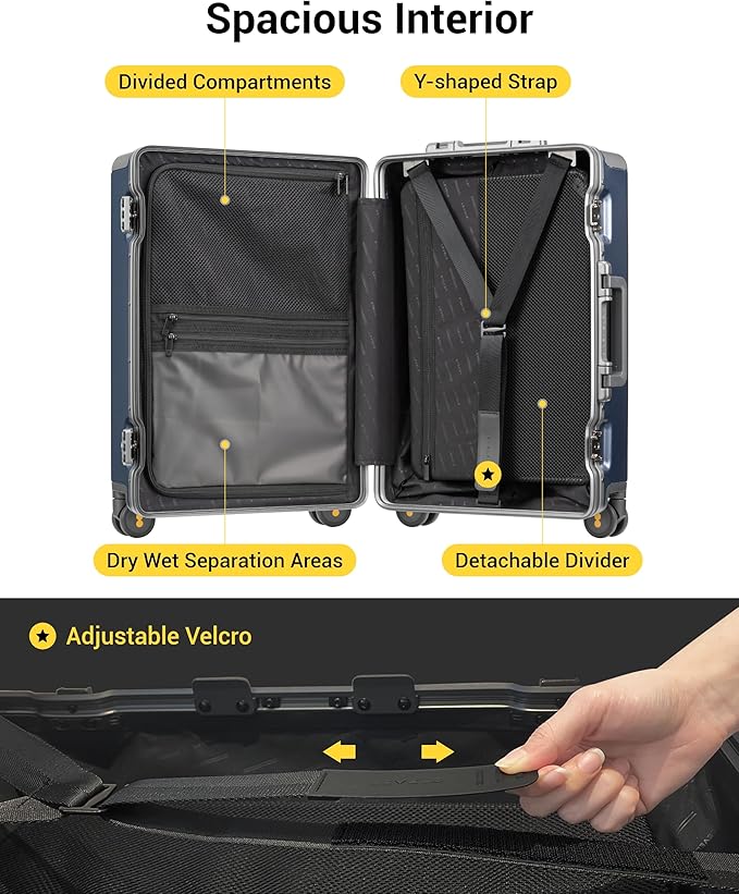 LEVEL8 Carry On Luggage Airline Approved Zipperless with Aluminum Frame, Hard Case Luggage with Spinner Wheels, Metal Travel Suitcase, 20 Inch, Blue