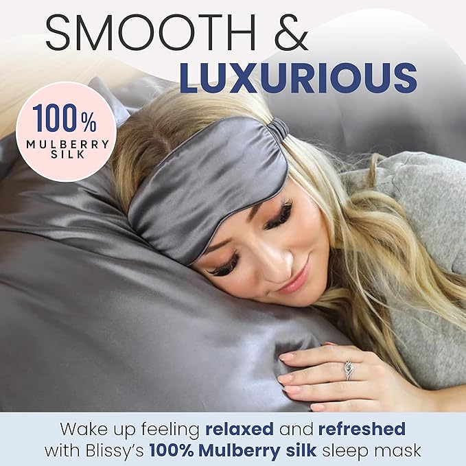 Blissy Silk Sleep Mask - Eye Sleeping Mask for Women & Men for Total Blackout - 100% Pure Mulberry Silk, 22 Momme 6a Fibers - Blindfold Sleep Mask Side Sleeper Eye Cover (Grey)