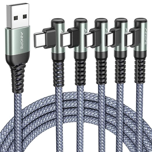 AINOPE USB to USB C Cable [5-Pack, 6.6ft] 3.1A Type C Charger Fast Charging, Right Angle USB to C Cable for Galaxy A15 A25 A35 A55 A54, S10+ S10 S9, Note 20 10 9, LG V30, Moto G, iPhone 16 15 Cord