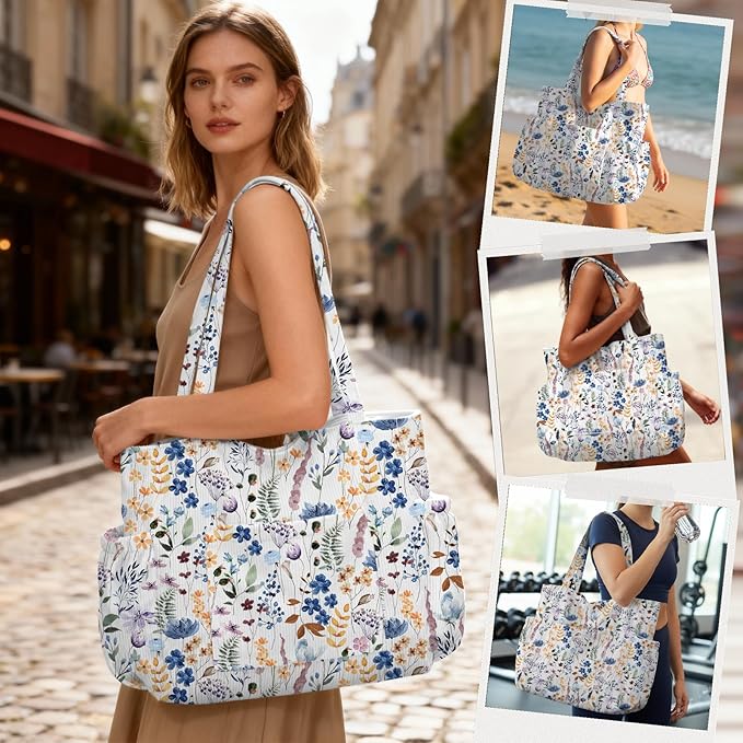 Corduroy Tote Bag for Women,Large Capacity Cute Tote Bags With 6 Pockets,Crossbody Shoulder Handbag for Work Travel Gym