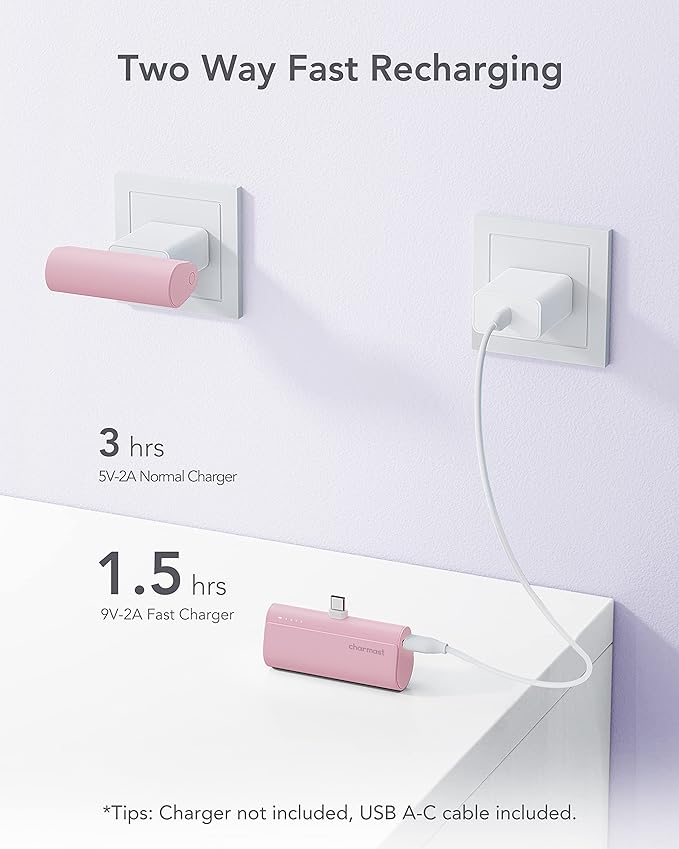 charmast Portable Charger USB C for iPhone 17/16/15, 5000mAh Fast Charging Power Bank with Built-in Type-C Connector, 20W Mini Battery Pack for iPhone 17/16/15 Series, Samsung S25/S24/S23, and More