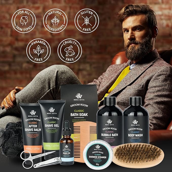 14 Pcs Bath & Body Gift Set for Men, Father's Day Gifts, Beard Grooming, Home Spa & Self Care Gift Basket, Shave Gel, Leather Bag, Christmas, Birthday, Anniversary, Dad, Husband, Boyfriend