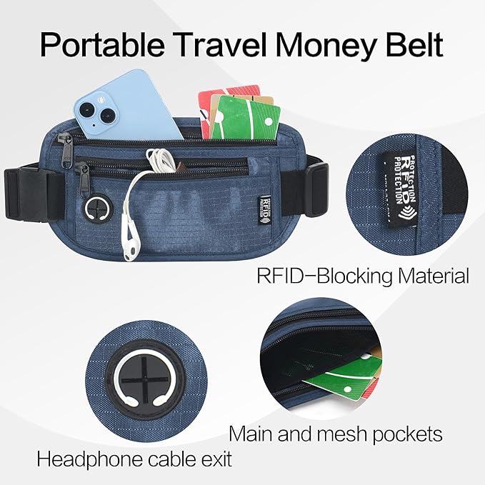 Slim Money Belt for Travel - Anti-Theft Hidden Passport Holder Waist Wallet with Secure Pouch for Cash, Credit Cards & Phone Safe Small Navy Blue