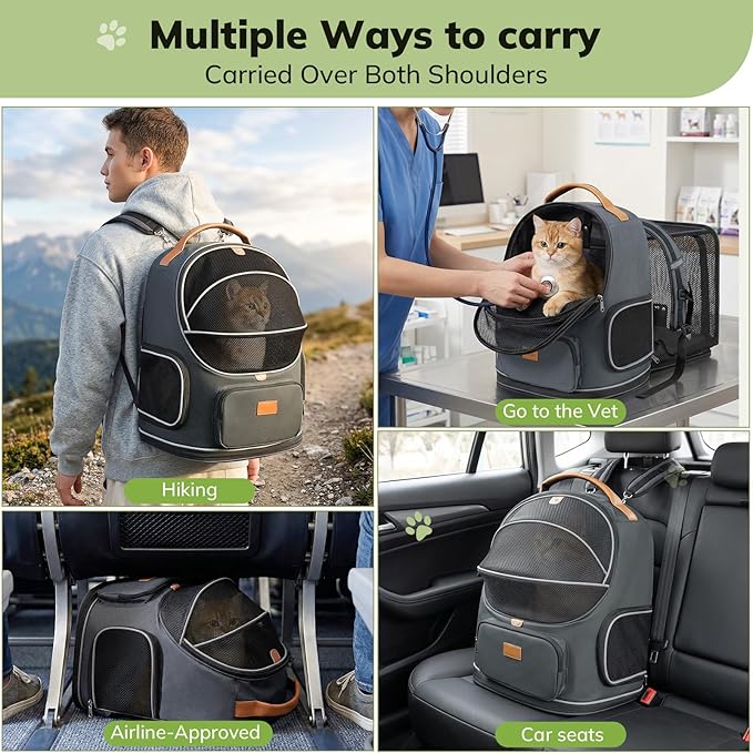 Morpilot Expandable Cat Carrier Backpack for Small Dogs & Cats Up to 20lbs, Breathable Mesh Pet Travel Backpack with Safety Leash, Foldable Airline Approved Carrier for Hiking Camping Outdoor, Grey