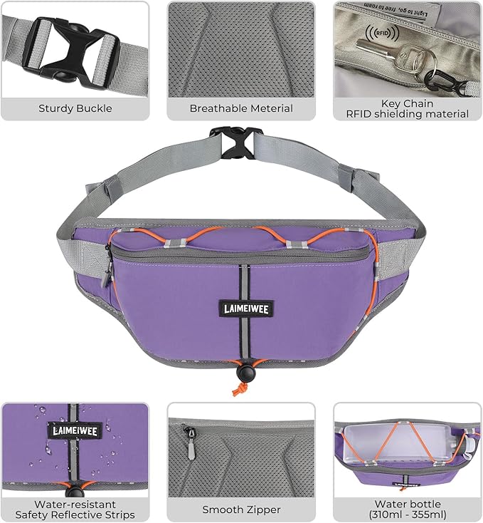 Fanny Pack for Women Men, Water-Resistant Travel Waist Pack with RFID Blocking, Wide Opening Crossbody Belt Bag for Phone, Passport, Small Hip Pack for Running, Hiking, Workout（Purple）