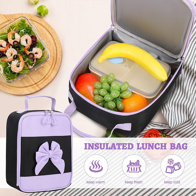 DIGOBAY Backpack for Girls, 3PCS Girls Backpack for School with Lunch Bag Pencil Case, Cute Kids Teens Bookbag for Kindergarten Elementary Preschool Middle School (Black-Purple)