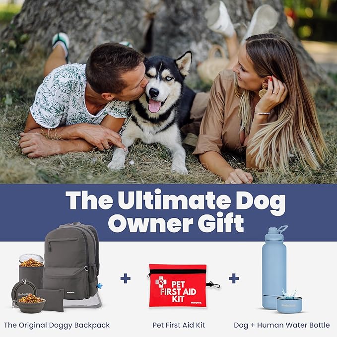 Dog Travel Bag for Supplies - Complete Dog Diaper Bag Backpack with 2 BPA-Free Travel Bowls, Treat Pouch, Food Container, Placemat & Laptop Sleeve – for Traveling, Road Trips, Hiking: Dk Grey