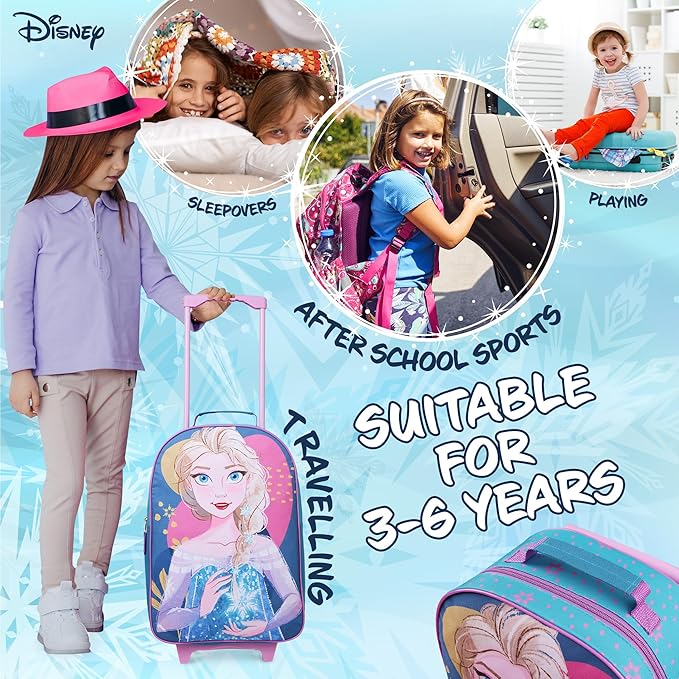 Disney Kids Rolling Luggage 16.0×11.6 in, 16‑L Carry‑On Suitcase with Wheels, Foldable Lightweight Travel Bag, Gifts for Kids (Blue Elsa)