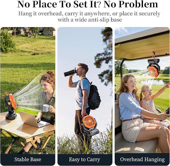 AJVV Camping Fan with Light, Remote and Oscillation, Battery Powered Hanging Tent Fan, Rechargeable Portable for Camp, Outdoor, Emergencies, Fishing, RV Travel, Jobsite