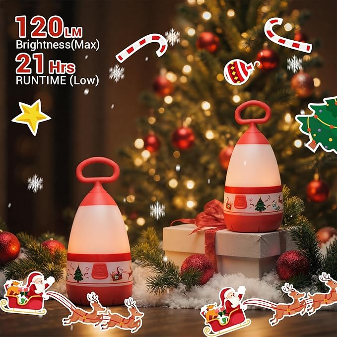Kids Camping Lantern with Christmas Santa Sleigh Battery Powered (3×AAA Included), 3 Mode Eye Prptecting Night Light, IPX4 Waterproof Silicone Handle Tent Light for Children Gifts (2-Pack)