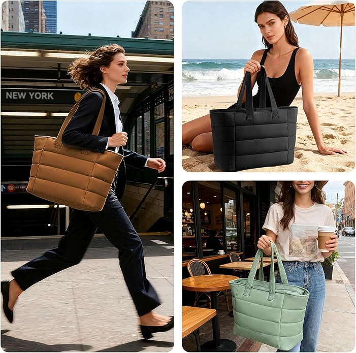 Puffer Tote Bag with Pouch,Women's Lightweight Quilted Shoulder Bag,15.6"/17.3" Laptop Travel Weekender for Work & Nurses