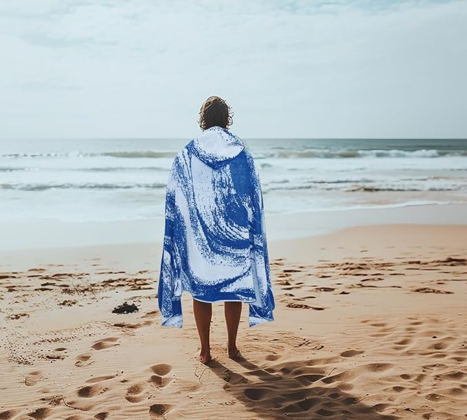 COTTON CRAFT Hooded Beach Towel – Oversized 39 x 68 Towel with Hood for Adults - Summer Wave - 100% Cotton Velour Terry Jacquard Towel - Pool Bath Wrap - 450 GSM - Soft Absorbent Quick Dry – Blue