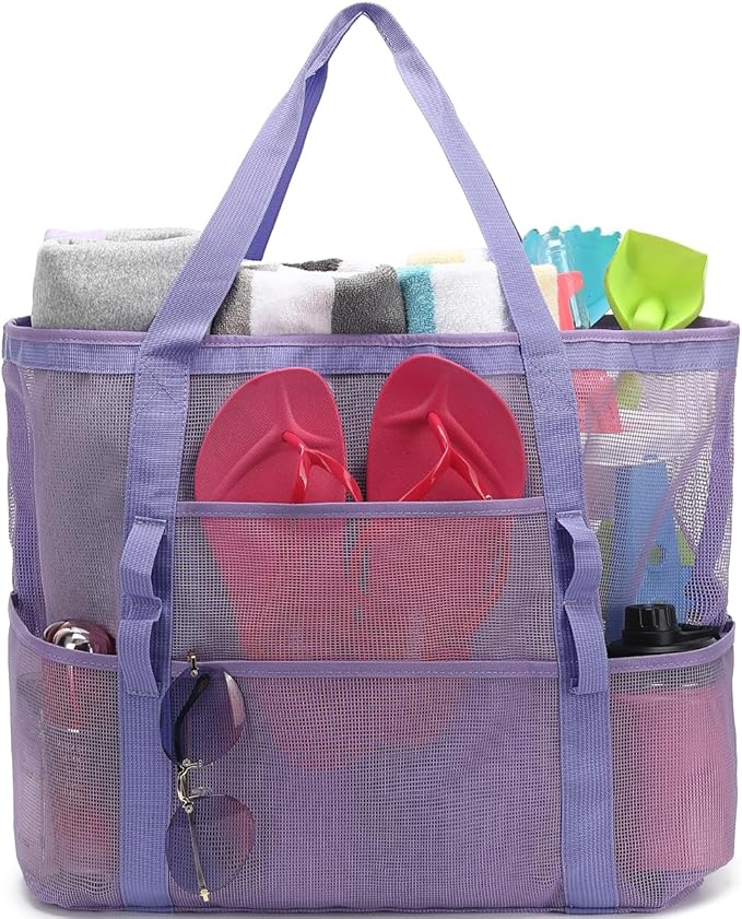 Fammart Mesh Beach Bag with Zipper, Large Beach Tote for Women, Toys Pool Swim Bag Travel Vacation Cruise Essentials