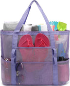 Fammart Mesh Beach Bag with Zipper, Large Beach Tote for Women, Toys Pool Swim Bag Travel Vacation Cruise Essentials