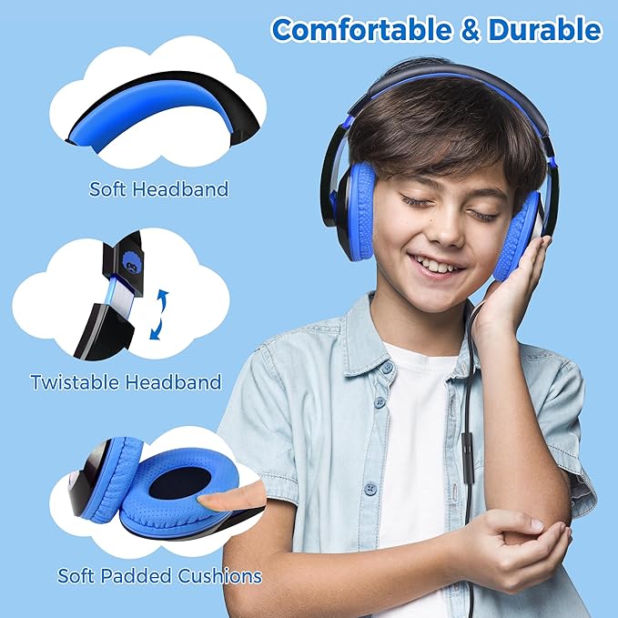 rockpapa Comfort+ Kids Headphones with Microphone, Boys Girls Student Over-Ear Headphones Wired Foldable for School Classroom Laptop PC Computer Tablet Black Blue