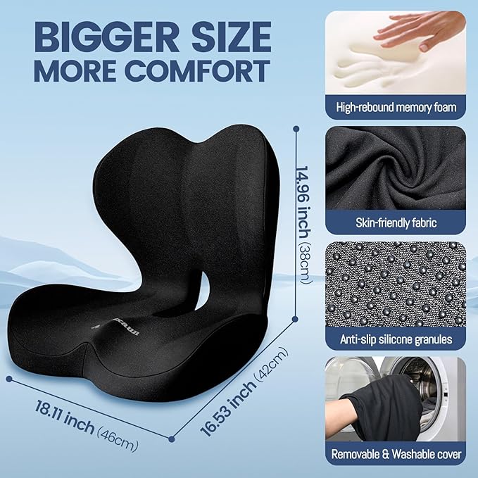 Lumbar Support Seat Cushion - Memory Foam Cushion for Office Chair, Car Seat, Airplane - Sciatica & Hip & Coccyx Pain Relief Desk Chair Cushion for Long Sitting Office Workers, Car Drivers