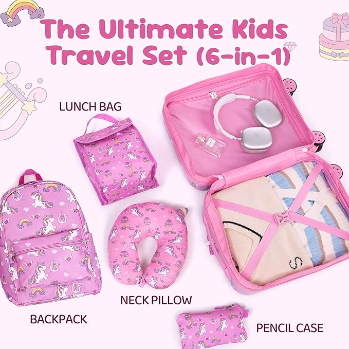 Rosamo Kid’s Luggage Set 6 Piece Suitcase Set 16’’ Hardside Luggage with Spinner Wheels Girls Boys Carry on Luggage Travel Rolling Luggage Airline Approved