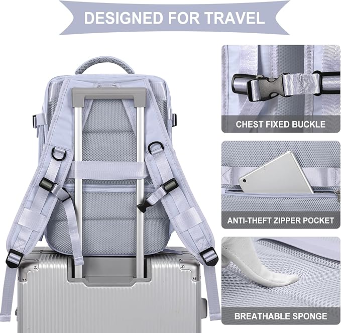 WONHOX Large Travel Backpack Women, Carry On Backpack, Hiking Backpack Waterproof Outdoor Sports Rucksack Casual Daypack with USB Charging Port Shoes Compartment, Taro Purple