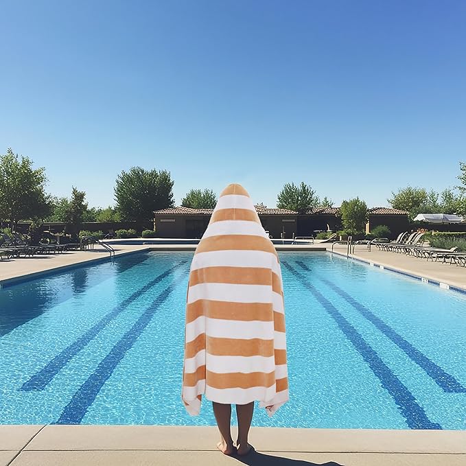 COTTON CRAFT Hooded Beach Towel – Oversized 39 x 68 Towel with Hood for Adults - 100% Ringspun Cotton Velour Terry Towel - 450 GSM Super Soft Plush Absorbent Quick Dry Bath Wrap – Cabana Stripe Linen