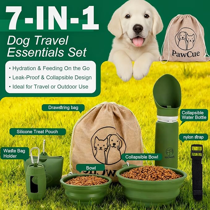 Dog Travel Kit 7-in-1 – Collapsible Bowls, Water Bottle, Treat Pouch, Waste Bag Holder, Strap & Carry Bag – Portable Pet Travel Essentials for Walks, Hiking, Road Trips & Everyday Use – PawCue