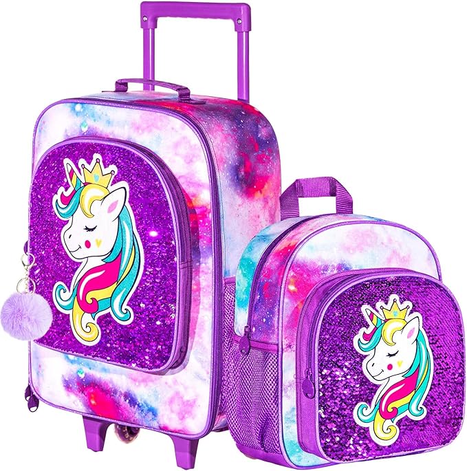 2PCS Girls Suitcase Set, 18" Kids Unicorn Carry on Luggage with Wheels, Cute Sequin Children Travel Rolling with 12" Toddler Backpack(Purple)