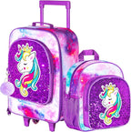 2PCS Girls Suitcase Set, 18" Kids Unicorn Carry on Luggage with Wheels, Cute Sequin Children Travel Rolling with 12" Toddler Backpack(Purple)