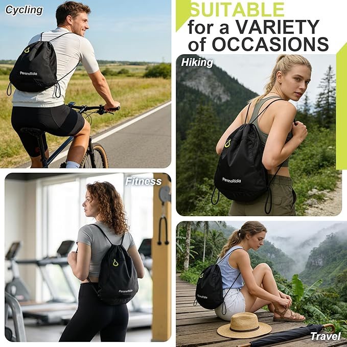 Waterproof Sackpack Drawstring Backpack for Men/Women, Lightweight Sports Bag Holds Shoes for Gym, Beach, Swim, Hiking, Running & Cycling, Anti-Stain with Quick-Access Mesh Pocket, Black
