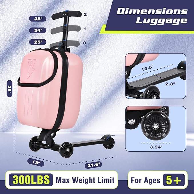smilesun Foldable Ride On Scooter Suitcase with Front Opening, Lightweight Carry On Scooter Luggage for Adults, Teens & Kids（Pink 20-inch）