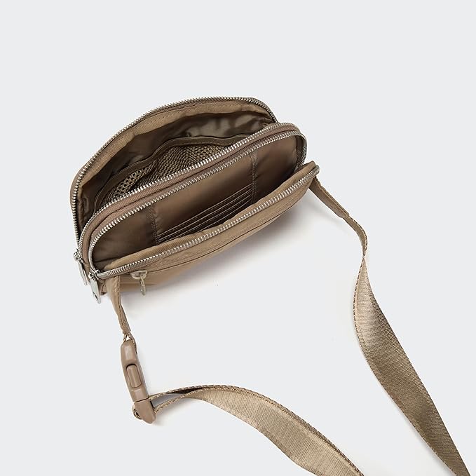 Pander Everywhere Belt Bag for Women, 5 Zipper Pockets Nylon Crossbody Fanny Pack Purse (Gray Brown)