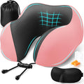 ExploreBliss Travel Pillow, Travel Pillows for Sleeping Airplane, Neck Pillow Airplane, Memory Foam Neck Pillow Set with Eye Mask, Earplugs and Storage Bag -Pink