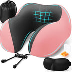 ExploreBliss Travel Pillow, Travel Pillows for Sleeping Airplane, Neck Pillow Airplane, Memory Foam Neck Pillow Set with Eye Mask, Earplugs and Storage Bag -Pink