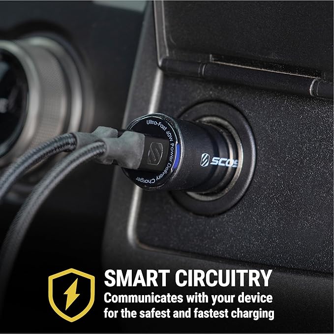 Scosche CPDCC40M PowerVolt 40W Certified Dual Port USB-C Car Charger, Flush Cigarette Lighter Adapter, Fast Charging Car Plug for 12V Power Outlet Compatible with iPhone, Galaxy and All USB-C Devices