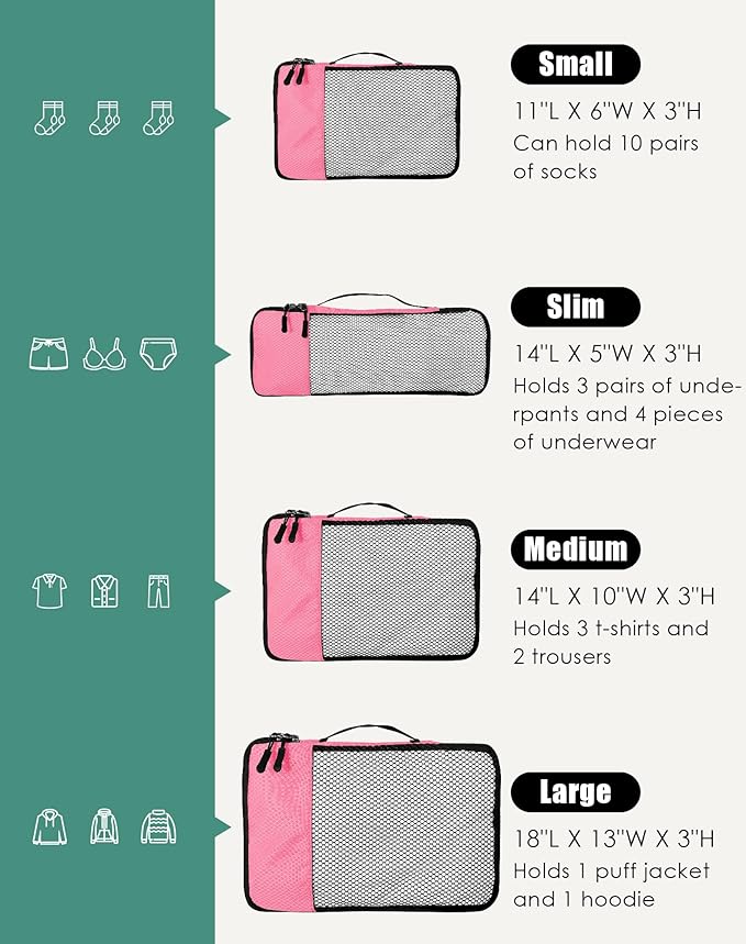 WTREE 4-Piece Packing Cubes Travel Accessories Set for Suitcases - Luggage Organizer Bags with Double Zipper - Mesh Top - Small/Medium/Large/Slim - Pink